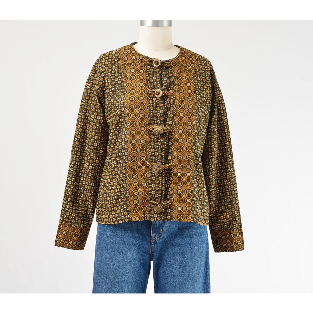 Vintage 90s Boho Cotton Ethnic Boxy Shirt Jacket with Coin Buttons S M